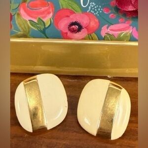 Vintage Monet Earrings Square Cream & Gold Clip On